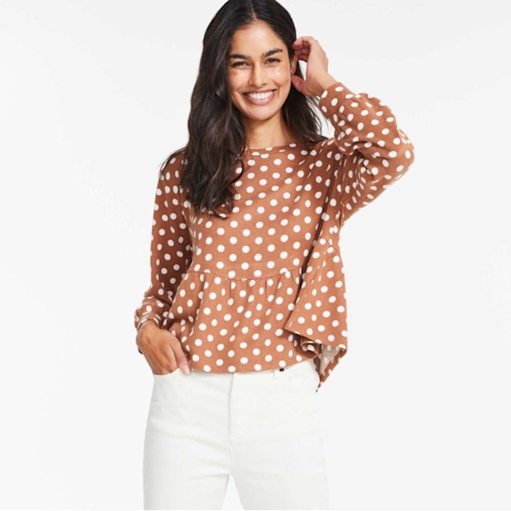 Joe Fresh x Jillian Harris Polka Dot Peplum Top - Brown and white Size L